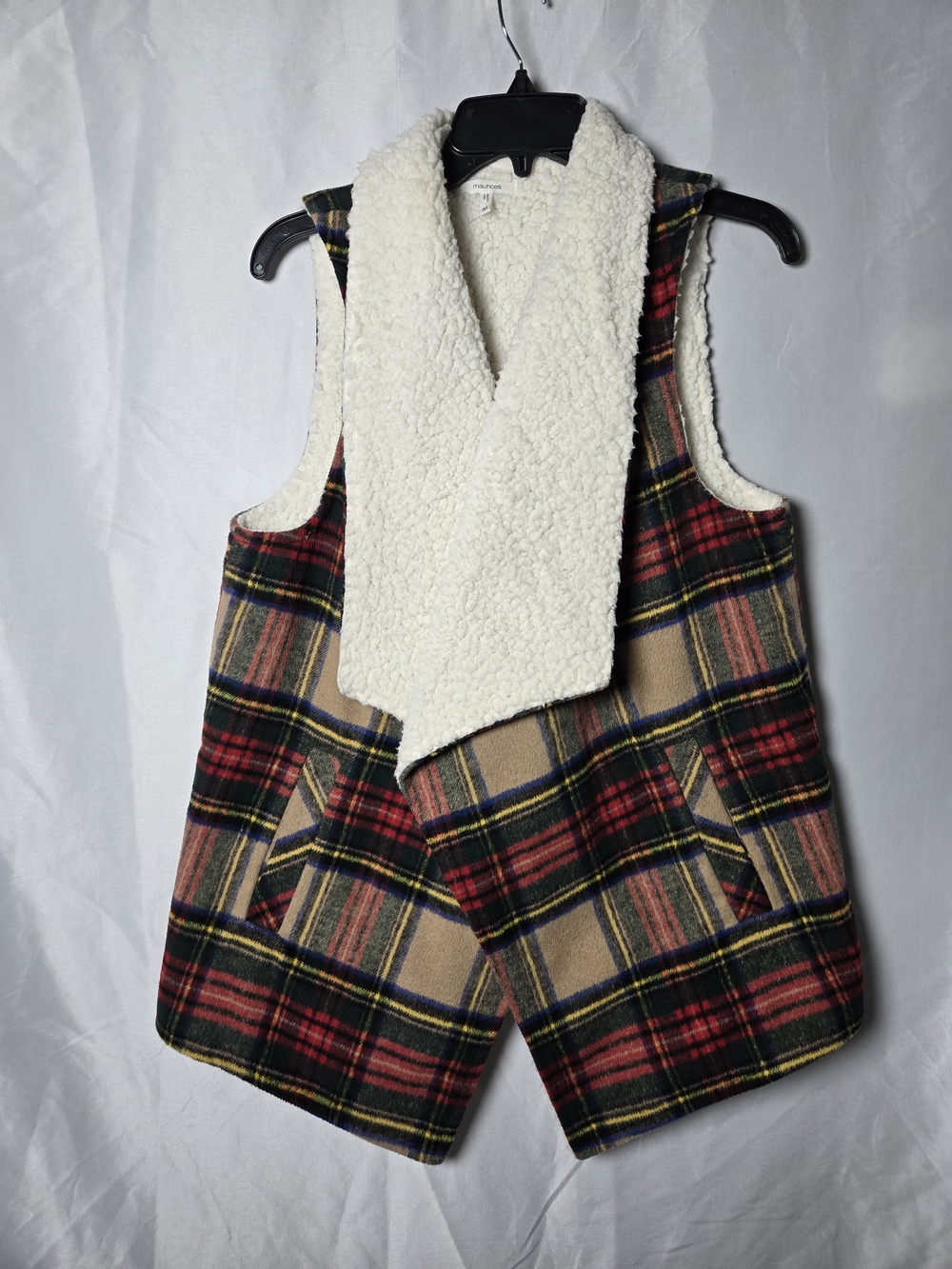 Maurices Plaid Sherpa-Lined Vest - Red, Tan & Cream